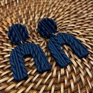 Handmade Polymer Clay Montra Arches Earrings Blue Knit Braided Pattern 2.5"